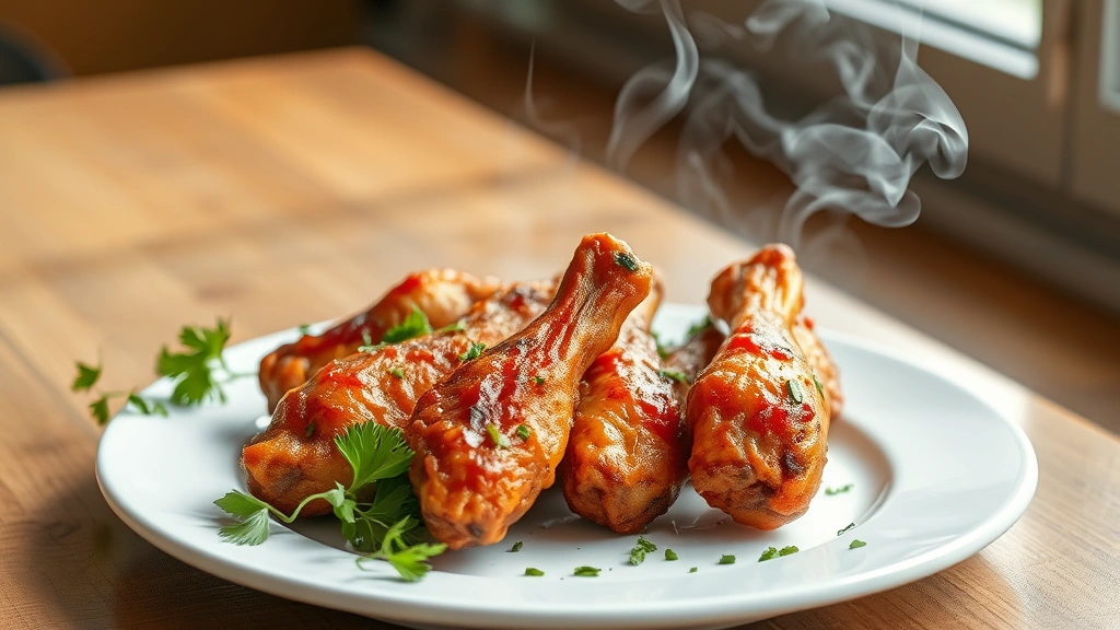 hero: golden-brown smoked chicken wings on white plate with fresh herbs and smoke wisps, photorealistic, natural daylight from window, no text, appetizing presentation