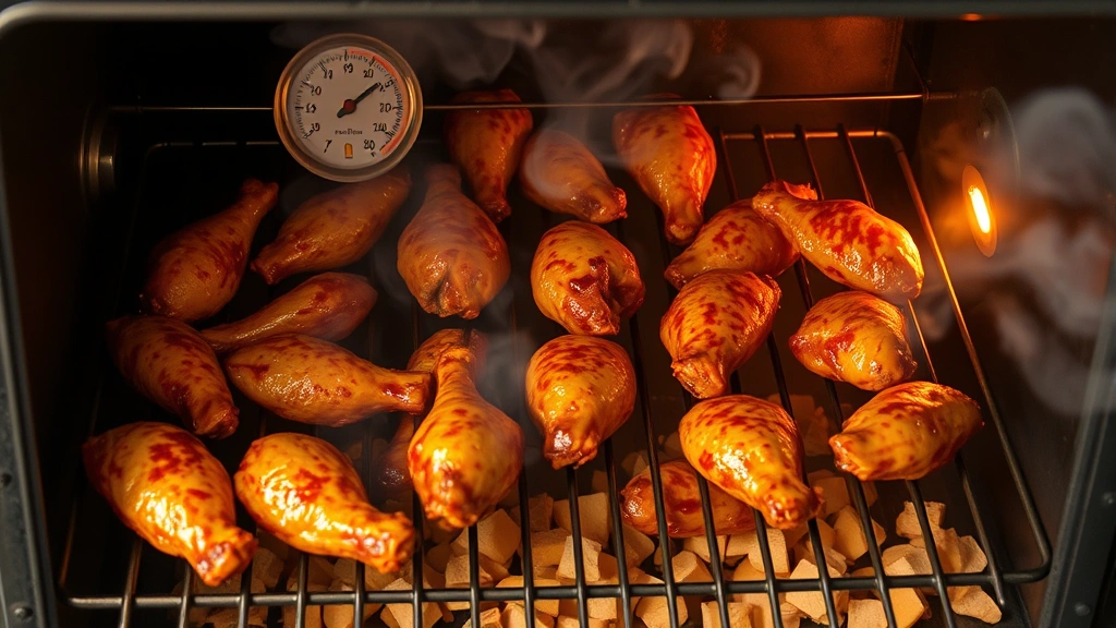 process: chicken wings arranged on smoker rack with visible smoke, thermometer showing temperature, wood chips glowing, photorealistic, warm lighting, no text