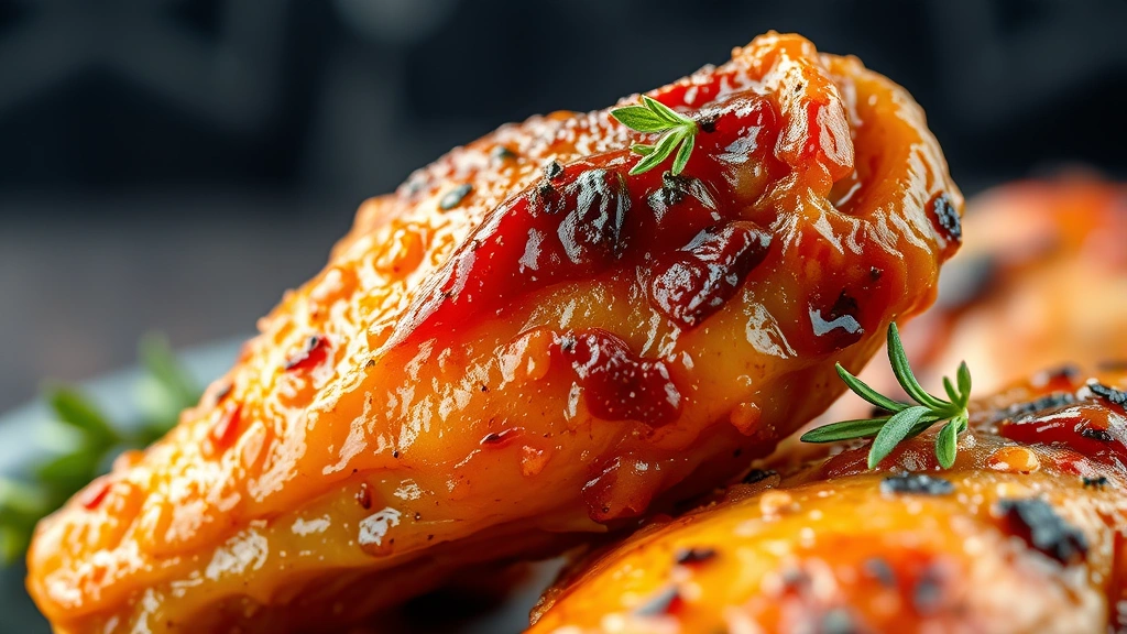 detail: close-up of single smoked wing showing crispy skin texture and smoke ring, garnished with fresh thyme, photorealistic, macro photography style, no text