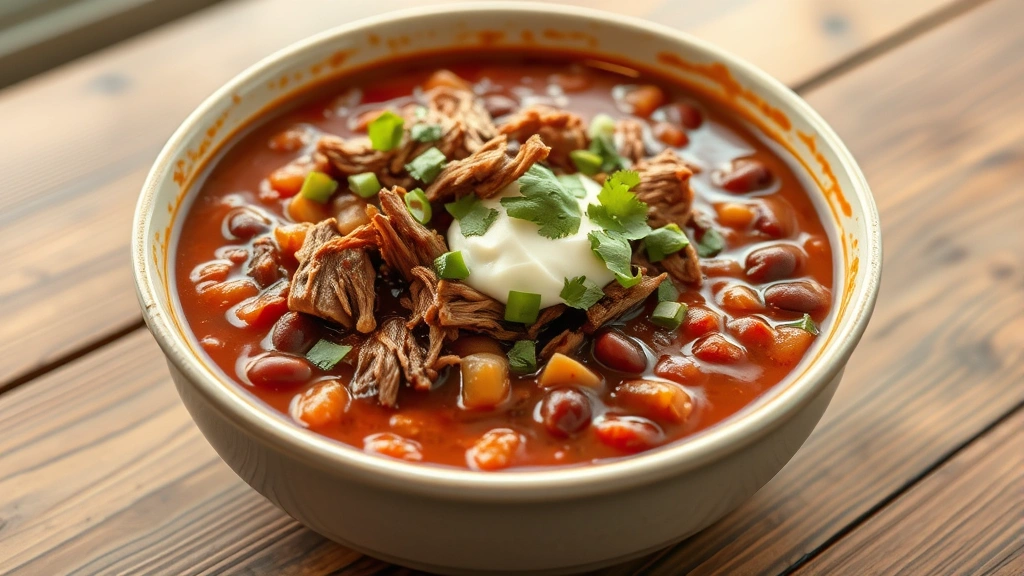 hero: steaming bowl of smoked chili with shredded smoked brisket, kidney beans, and diced poblano peppers topped with sour cream and cilantro, photorealistic, natural window light, no text, rustic wooden table background