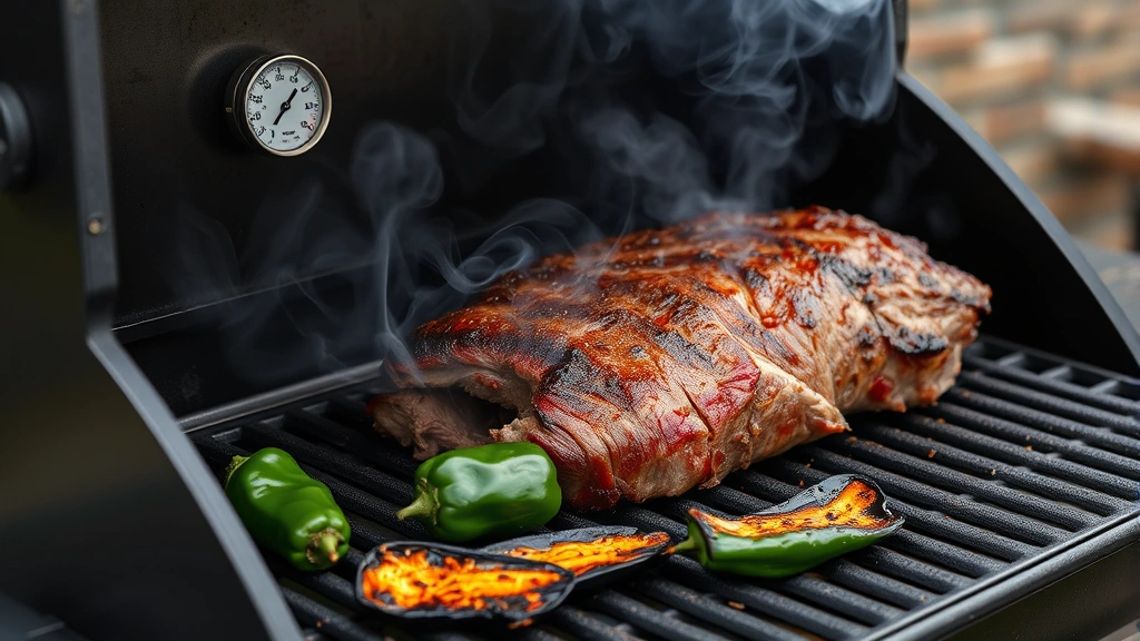 process: beef brisket smoking on outdoor smoker with smoke billowing, thermometer visible, charred poblano peppers on grill grate, photorealistic, natural daylight, no text