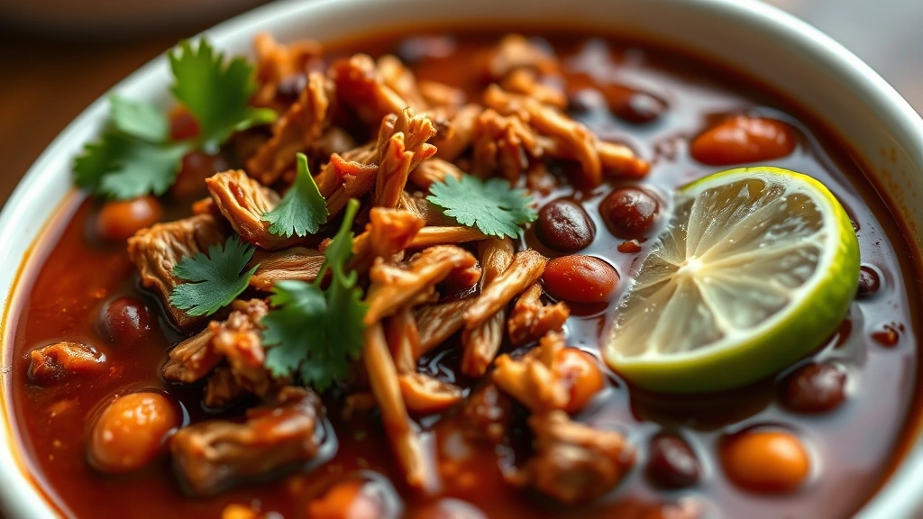 detail: close-up of thick smoked chili in white bowl with visible shredded meat, beans, and smoky sauce, garnished with fresh cilantro and lime wedge, photorealistic, warm natural light, no text, shallow depth of field