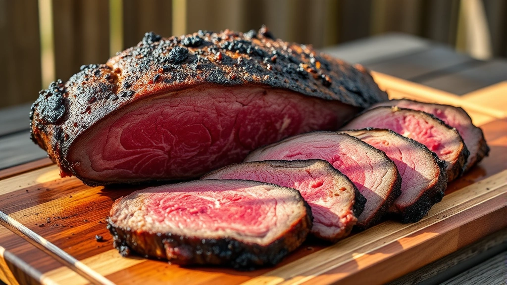 hero: sliced smoked chuck roast with beautiful pink smoke ring and dark bark, served on wooden cutting board, natural afternoon light streaming in, rustic BBQ setting, no text