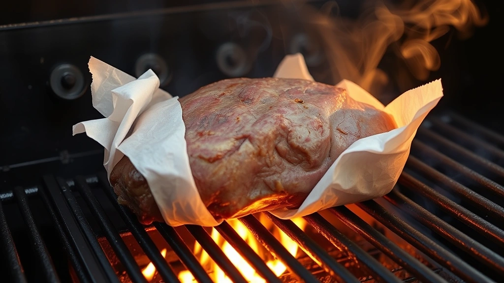 process: chuck roast wrapped in butcher paper being placed on smoker grates with smoke swirling around, warm golden light, no text