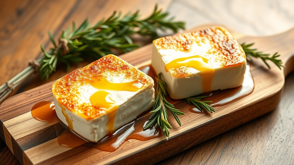 hero: two golden-topped smoked cream cheese blocks on rustic wood board with fresh rosemary sprigs and honey drizzle, photorealistic, warm natural light, no text