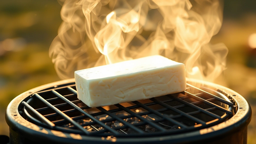 process: cream cheese block being placed on smoker grate with steady smoke flowing, photorealistic, natural golden light, no text