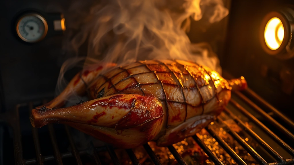process: smoked duck in smoker with visible smoke, thermometer visible, crosshatch scored skin close-up, warm ambient light, documentary style