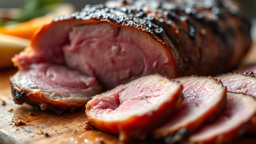 detail: carved smoked duck breast with pink smoke ring visible, crispy skin in foreground, shallow depth of field, natural daylight, artistic food photography