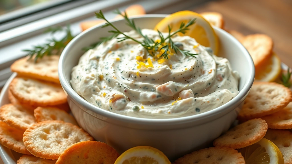 hero: creamy smoked fish dip in a white ceramic bowl, garnished with fresh dill and lemon zest, surrounded by crackers and lemon wedges, photorealistic, natural window light, no text