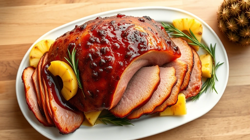 hero: perfectly smoked ham with mahogany glaze, carved slices arranged on white serving platter, garnished with fresh pineapple and rosemary, warm natural window light, top-down shot