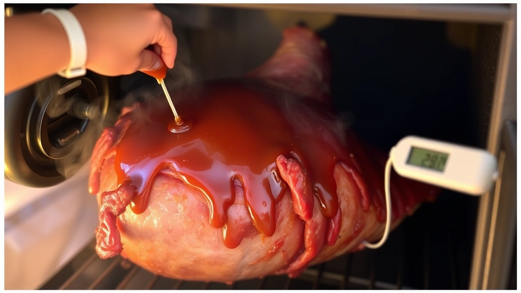 process: ham being basted with brown sugar glaze inside smoker, visible smoke wisping around meat, meat thermometer inserted, warm golden lighting, close-up angle
