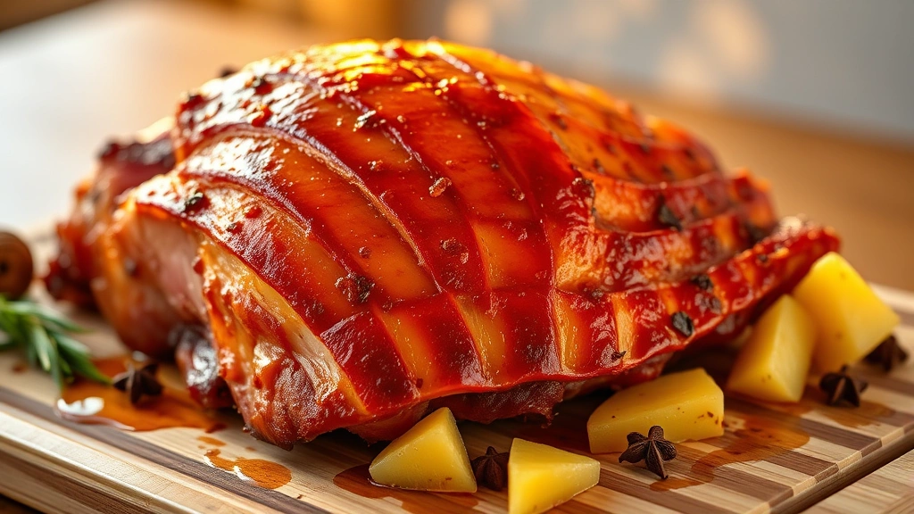 hero: golden-brown smoked ham with caramelized glaze and scored fat cap, fresh pineapple chunks and cloves, resting on wooden cutting board, warm golden hour lighting, steam wisping up, appetizing and professional
