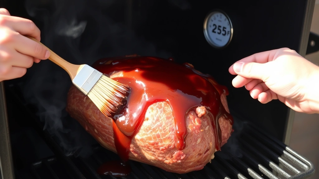 process: hands brushing glossy brown glaze onto ham in smoker, smoke visible, thermometer showing 225°F in background, natural daylight streaming in, active cooking preparation