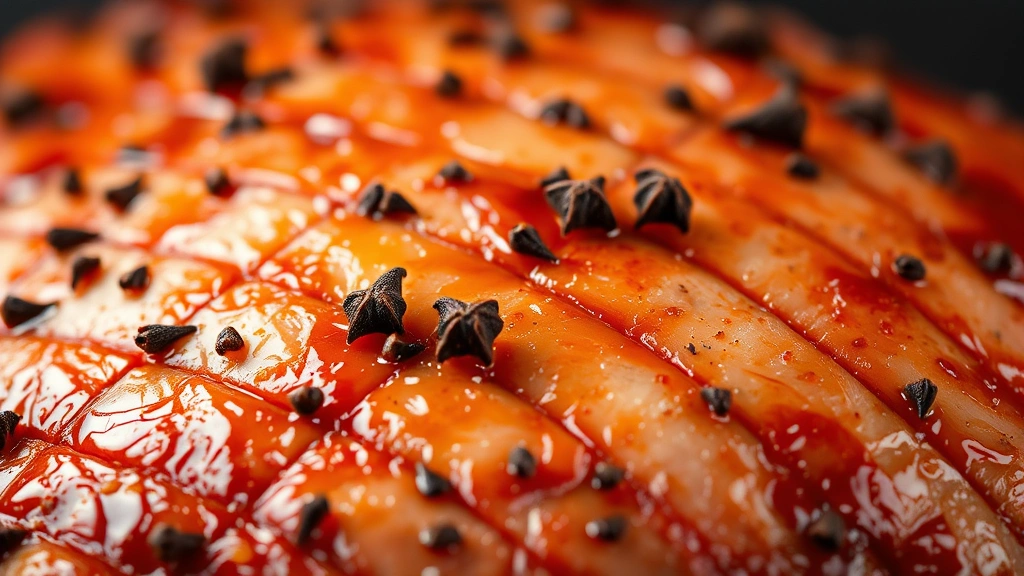 detail: close-up of scored ham surface with cloves and sticky glaze, cross-hatched pattern visible, caramelized edges glistening, shallow depth of field, professional food photography