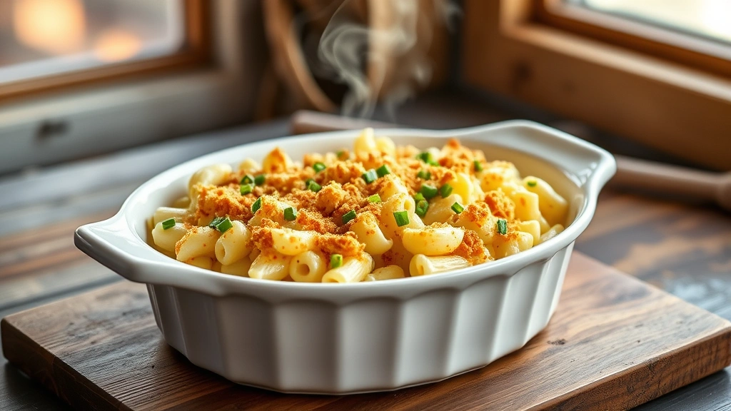 hero: creamy smoked mac and cheese in a white ceramic baking dish with golden breadcrumb topping, fresh chives scattered on top, steam rising, photorealistic, warm natural light from window, no text, rustic wooden table background