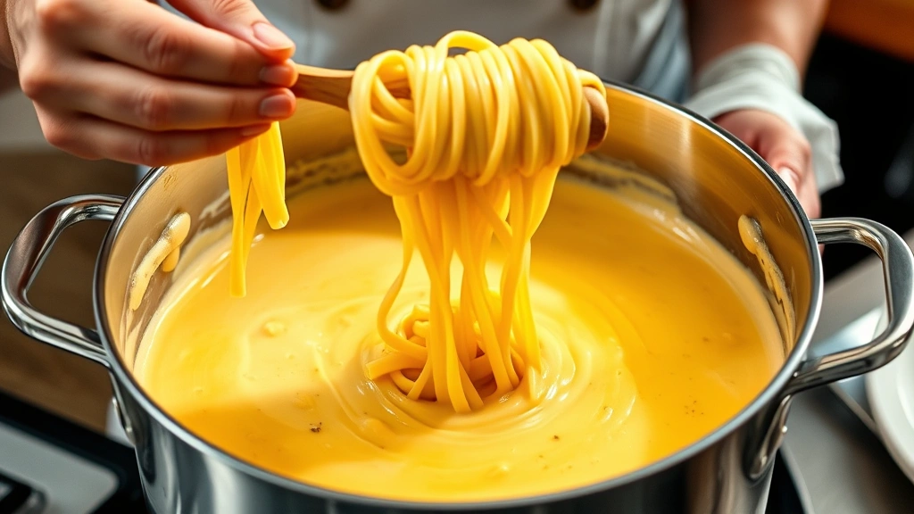 process: chef folding pasta into silky cheese sauce in large saucepan, wooden spoon stirring, creamy golden sauce coating pasta, photorealistic, bright natural light, no text, close focus on action