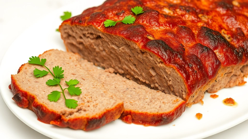 hero: sliced smoked meatloaf with mahogany crust on white plate, garnished with fresh parsley, photorealistic, natural daylight, no text