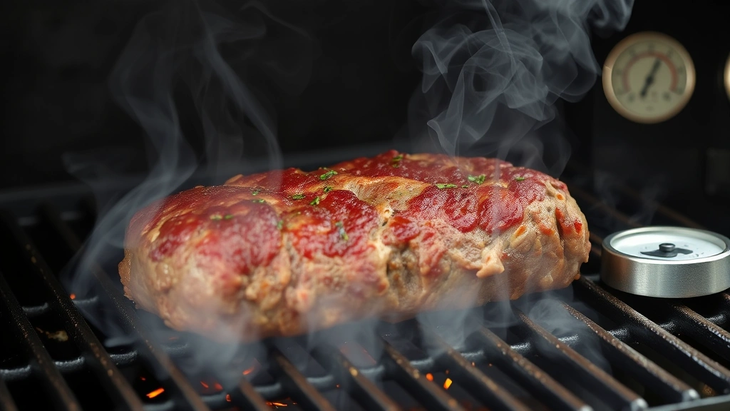process: meatloaf smoking on grill grates with visible smoke, thermometer showing temperature, photorealistic, natural light, no text