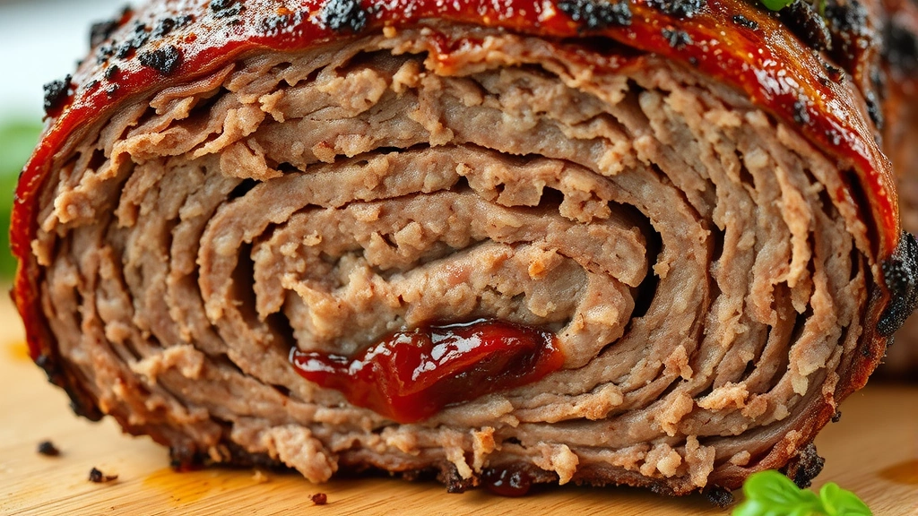 detail: close-up cross-section of smoked meatloaf showing smoke ring and juicy interior, photorealistic, natural light, no text