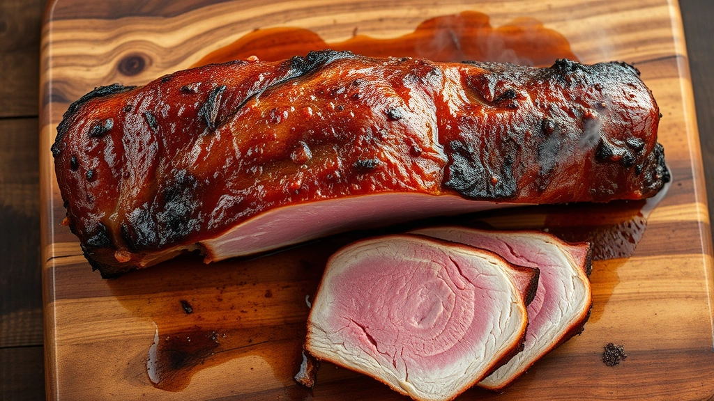 hero: whole smoked pork belly on wooden cutting board, sliced to show caramelized bark and pink smoke ring, glistening with moisture, overhead shot, golden hour lighting, steam rising, no text