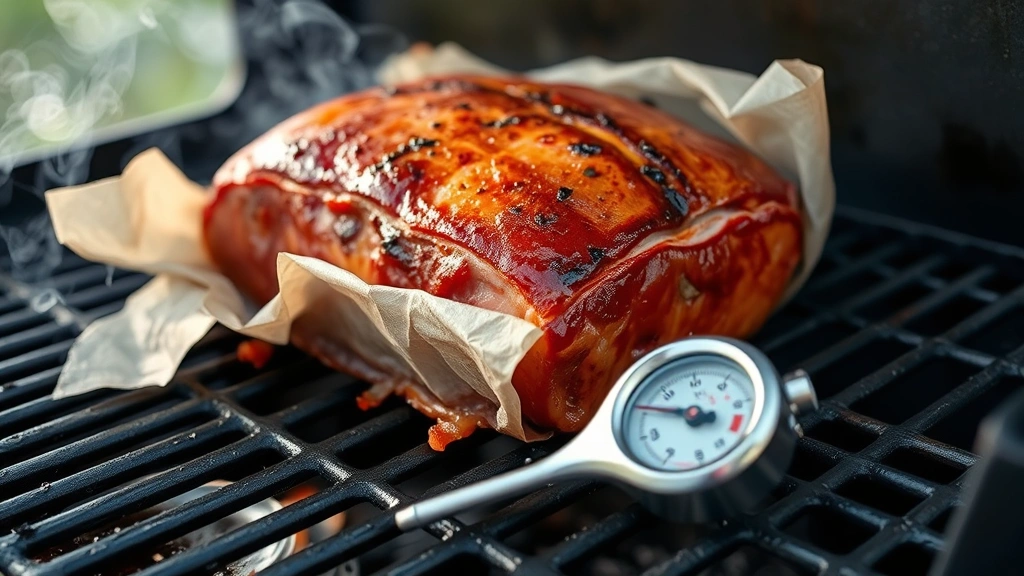 process: pork belly wrapped in butcher paper being placed on smoker grates, smoke swirling, close focus on meat thermometer, natural daylight, no text