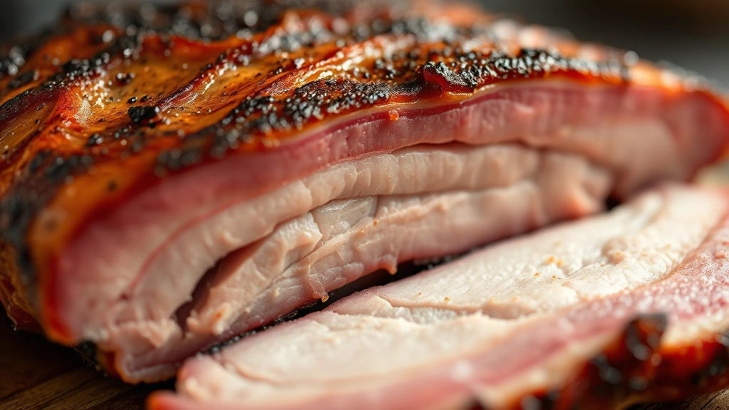 detail: close-up cross section of sliced smoked pork belly showing perfect bark texture, pink smoke ring, tender meat layers, crispy seared edges, shallow depth of field, warm natural lighting, no text