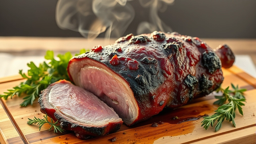 hero: perfectly smoked pork butt with beautiful mahogany bark on wooden cutting board, surrounded by fresh herbs and spices, natural golden hour lighting, steam rising, no text or watermarks