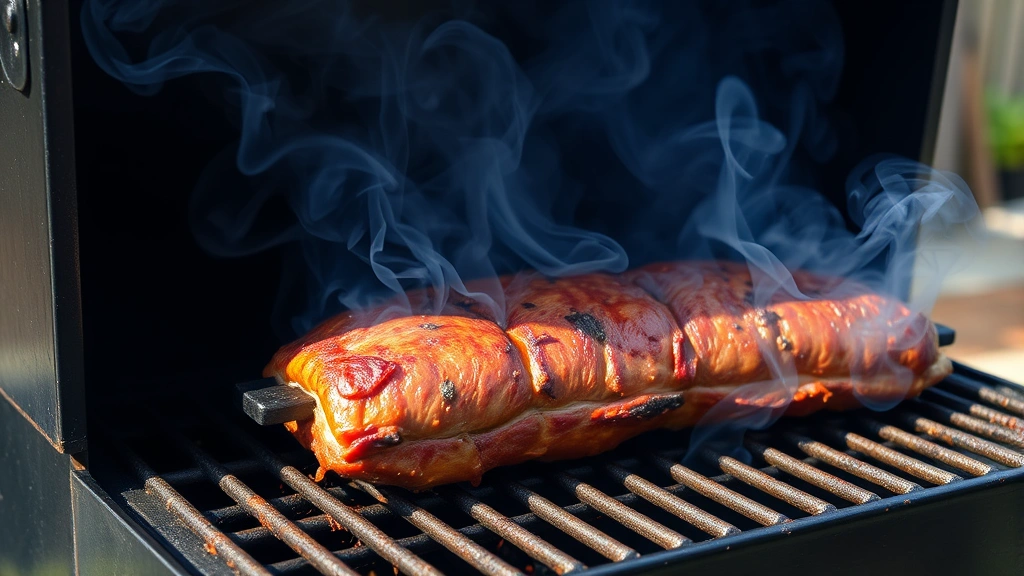 process: smoker with thin blue smoke wisping out, pork butt on grates with bark formation visible, outdoor backyard setting, natural daylight, no text or watermarks