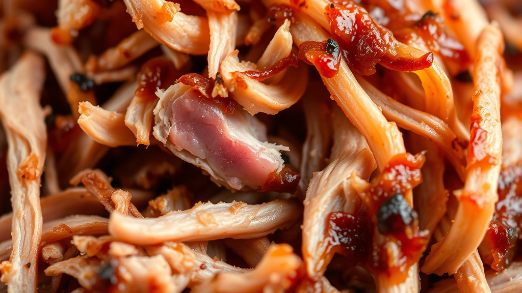 detail: close-up of shredded smoked pork with pink smoke ring visible, tender texture, dripping with juices, macro photography, natural light, no text or watermarks