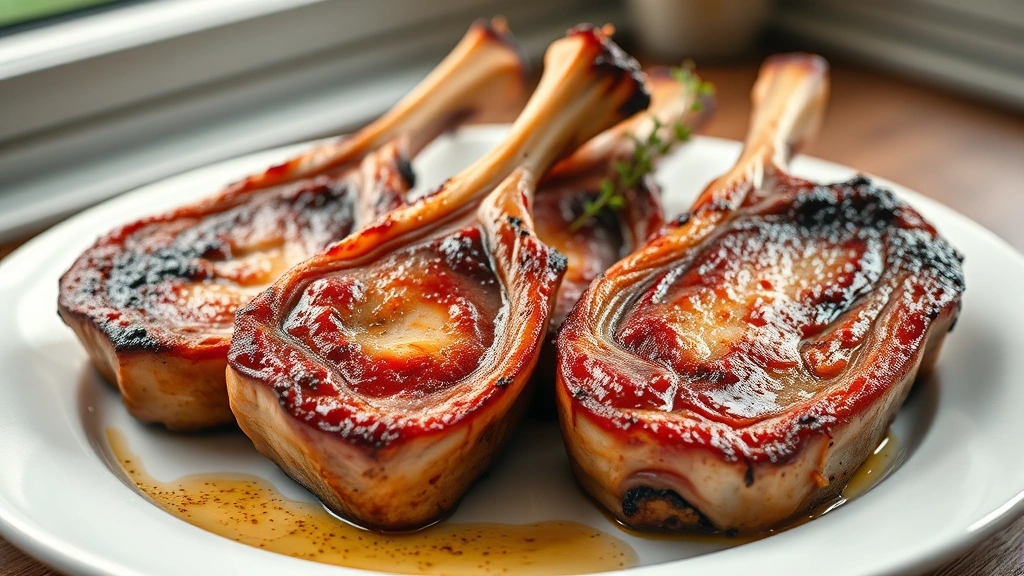 hero: four thick-cut bone-in smoked pork chops on a white plate, glistening with moisture and smoky char, garnished with fresh thyme sprigs, golden-brown crust visible, natural window light, shallow depth of field, food photography style