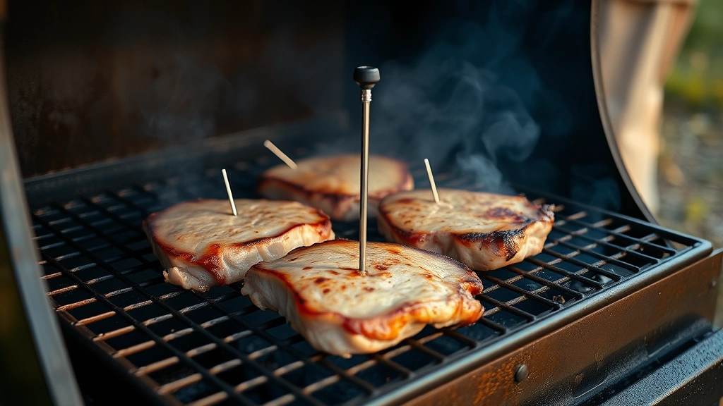 process: pork chops sizzling on smoker grates with blue smoke wisping around them, meat thermometer inserted, rustic outdoor smoker setup, golden hour lighting, authentic barbecue scene, no people visible