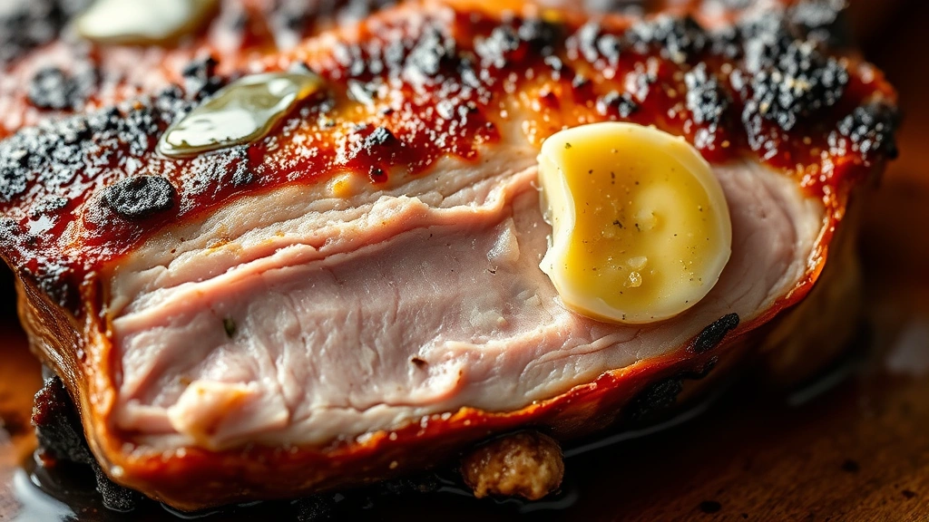 detail: close-up macro shot of a single smoked pork chop showing the caramelized rub crust, pink juicy interior, bone detail, garlic-herb butter glistening on surface, warm natural light, professional food styling