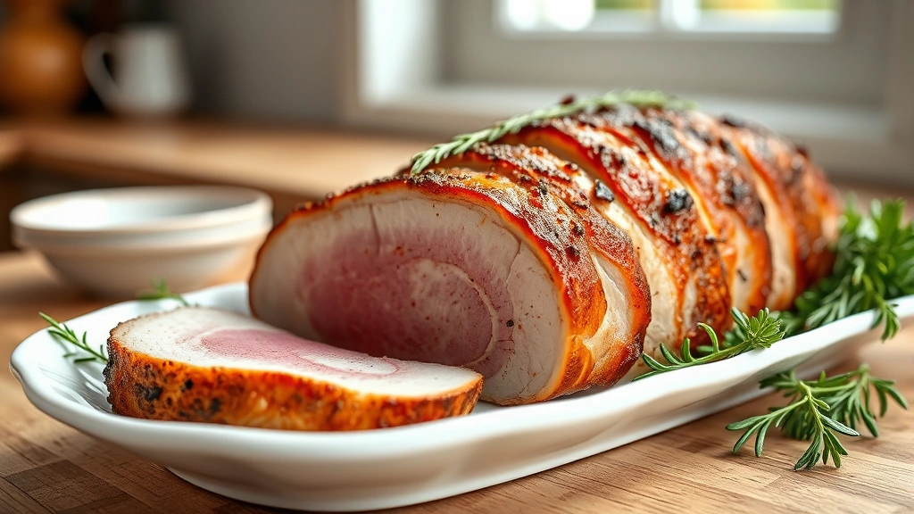 hero: beautifully sliced smoked pork loin with pink center and caramelized bark, arranged on white ceramic platter with fresh herbs, photorealistic, natural sunlight through kitchen window, shallow depth of field, no text