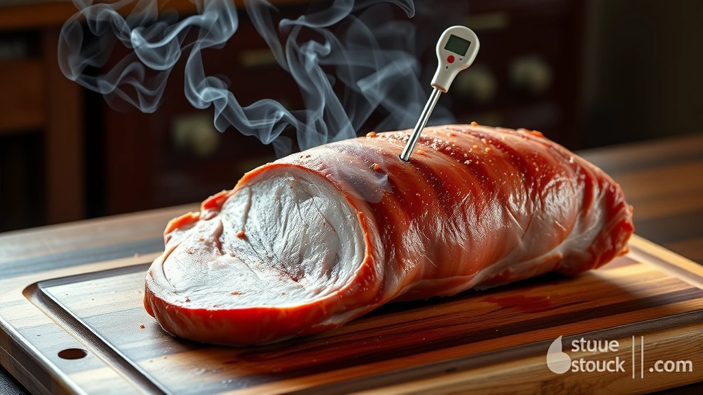 process: whole pork loin resting on wooden cutting board with smoke wisping around it, meat thermometer inserted, photorealistic, warm indoor lighting, no text