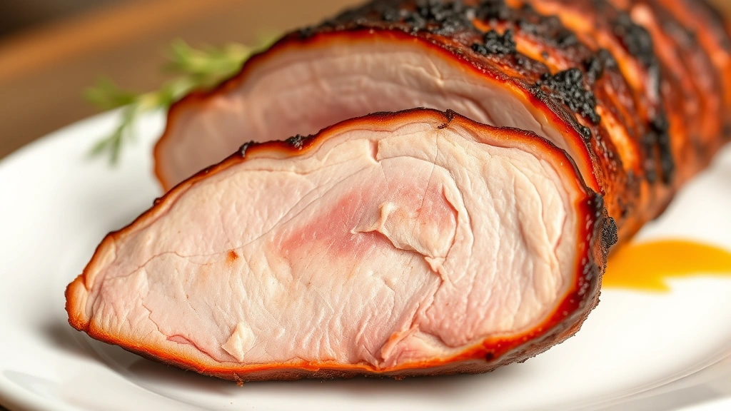 detail: close-up cross-section of smoked pork loin showing tender pink interior with caramelized mahogany exterior, single slice on white plate, photorealistic, natural light, no text