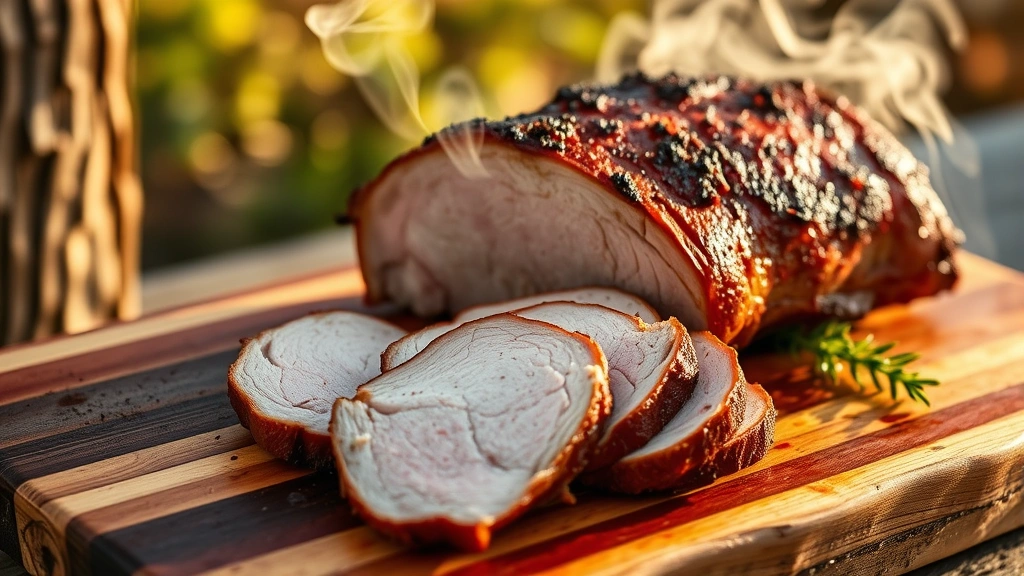 hero: perfectly smoked pork loin sliced on a wooden cutting board with smoke wisping around it, golden bark exterior, warm afternoon sunlight, professional food photography style