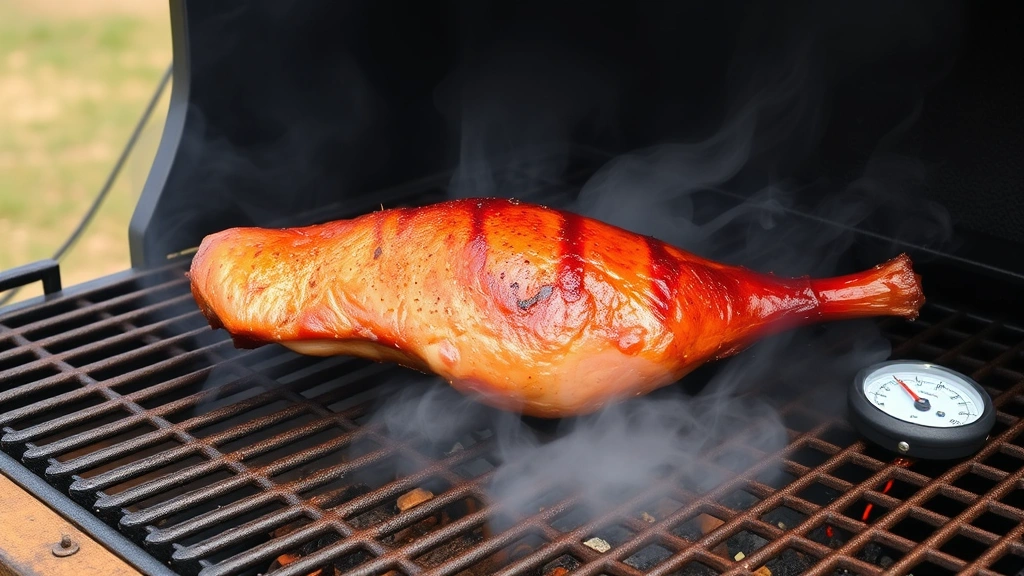 process: pork loin being placed on smoker grates with smoke billowing, meat thermometer visible, rustic outdoor smoking setup, natural daylight, authentic barbecue scene