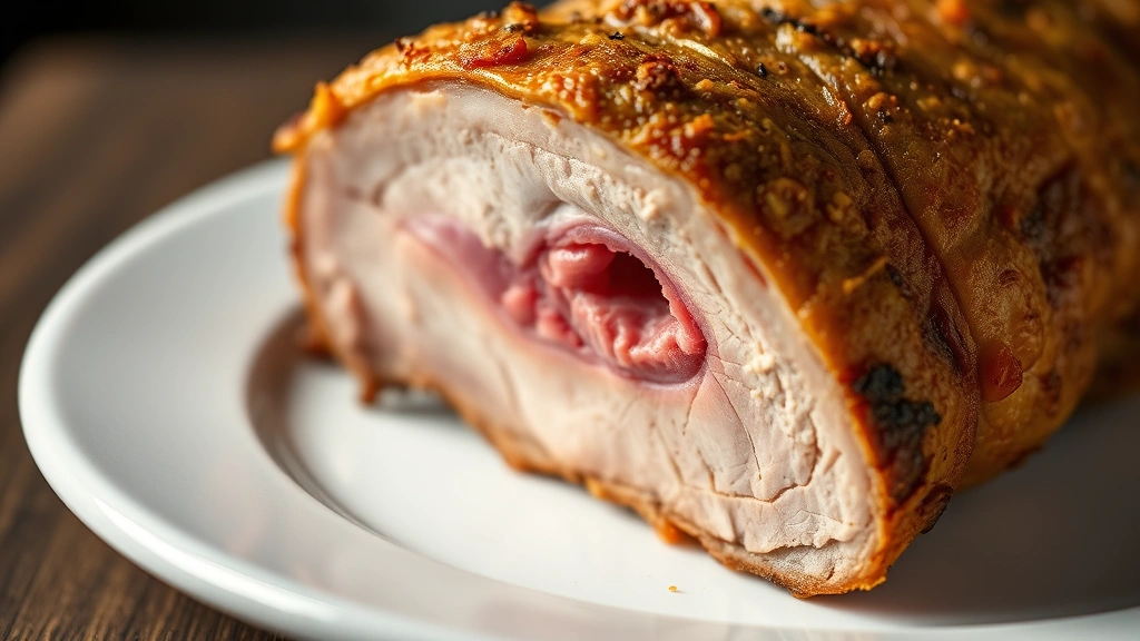 detail: close-up cross-section of smoked pork loin showing juicy pink interior and golden bark crust, slice on white ceramic plate, shallow depth of field, studio lighting