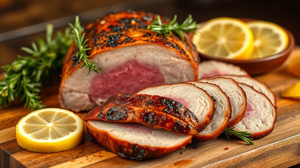 hero: perfectly sliced smoked pork loin with pink center and beautiful bark, resting on wooden cutting board, garnished with fresh rosemary and lemon wedges, warm golden lighting, professional food photography
