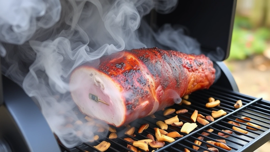 process: smoking pork loin on offset smoker with white smoke wisping out, meat thermometer visible, wood chips smoking, outdoor backyard setting, natural daylight