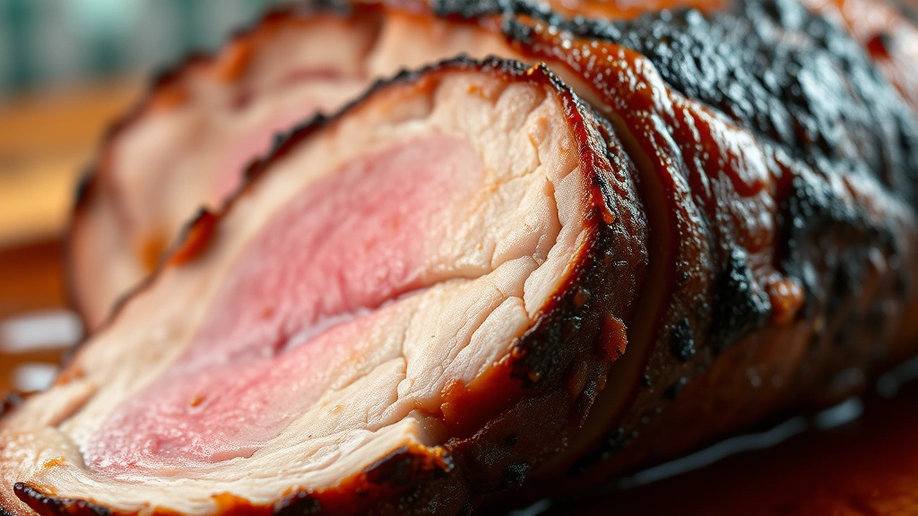 detail: extreme close-up of sliced smoked pork loin showing pink center and smoky bark texture, with glistening pan juices, shallow depth of field, warm studio lighting
