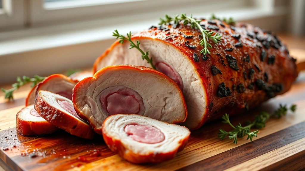 hero: perfectly smoked pork sirloin roast with beautiful pink smoke ring, sliced on a wooden cutting board, golden brown exterior, garnished with fresh thyme sprigs, natural window light, no text