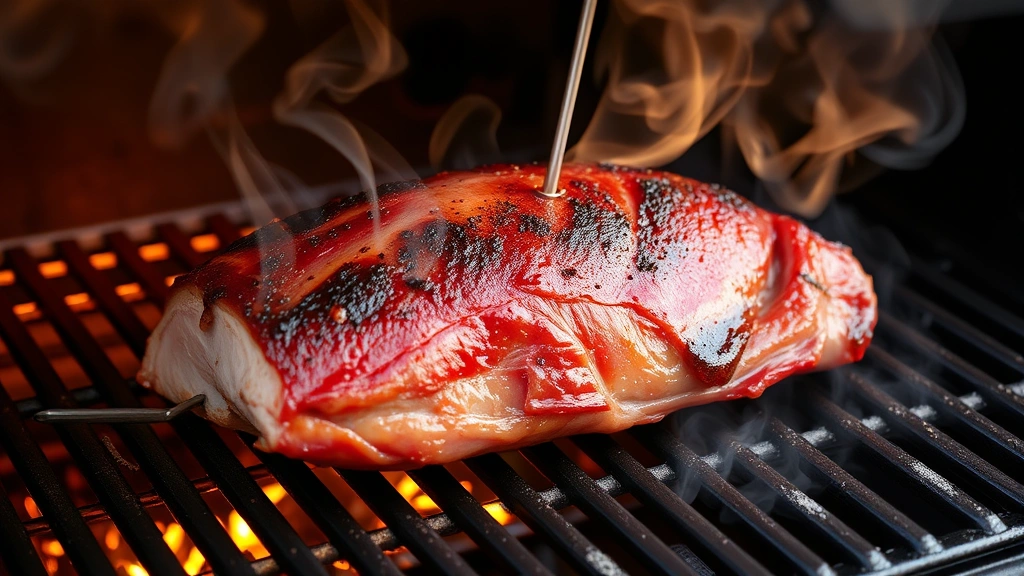 process: pork sirloin being placed on smoker grates with visible smoke wisping around it, thermometer inserted in meat, warm golden lighting, no text