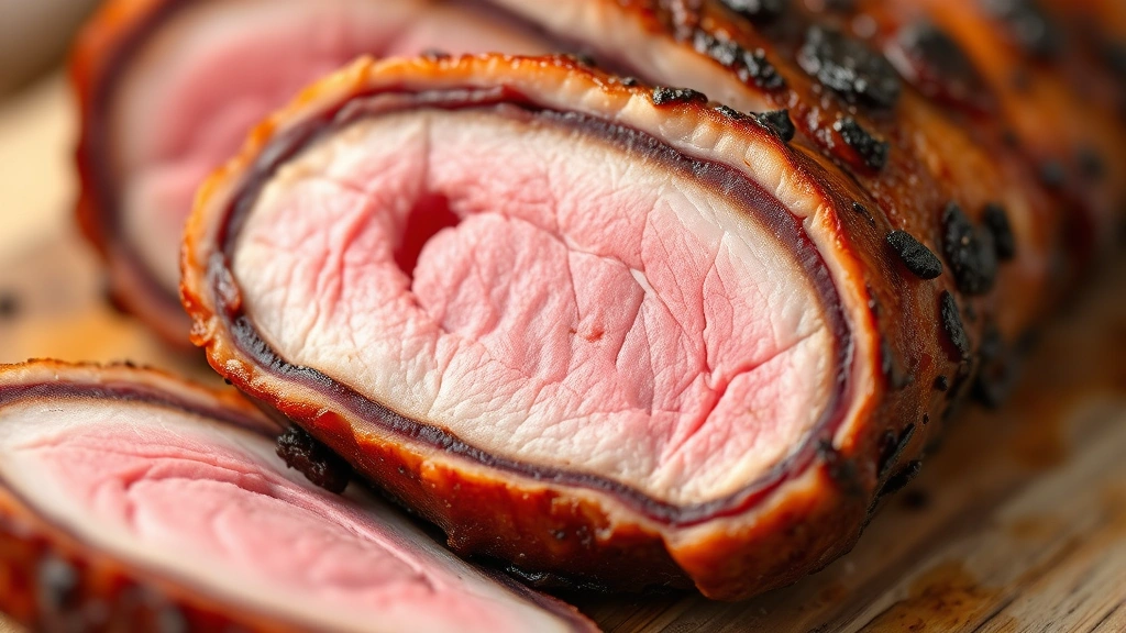 detail: close-up cross-section of sliced smoked pork sirloin showing perfect pink interior and dark brown smoke ring exterior, shallow depth of field, no text