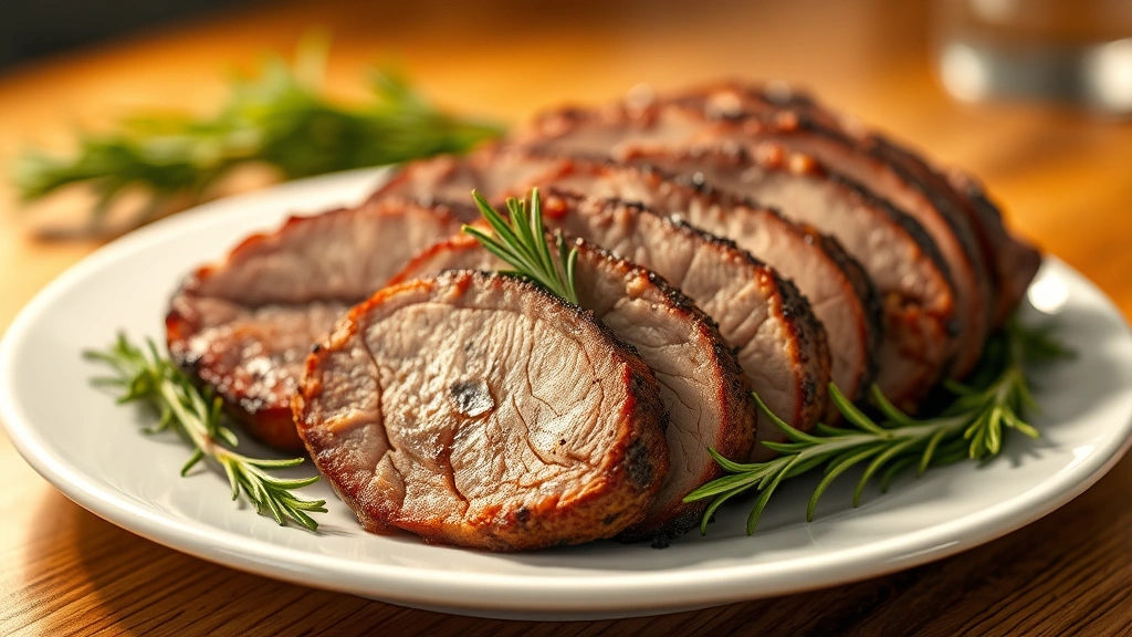 hero: sliced smoked pork tenderloin with beautiful smoke ring and bark on white plate, fresh rosemary garnish, warm golden lighting, shallow depth of field