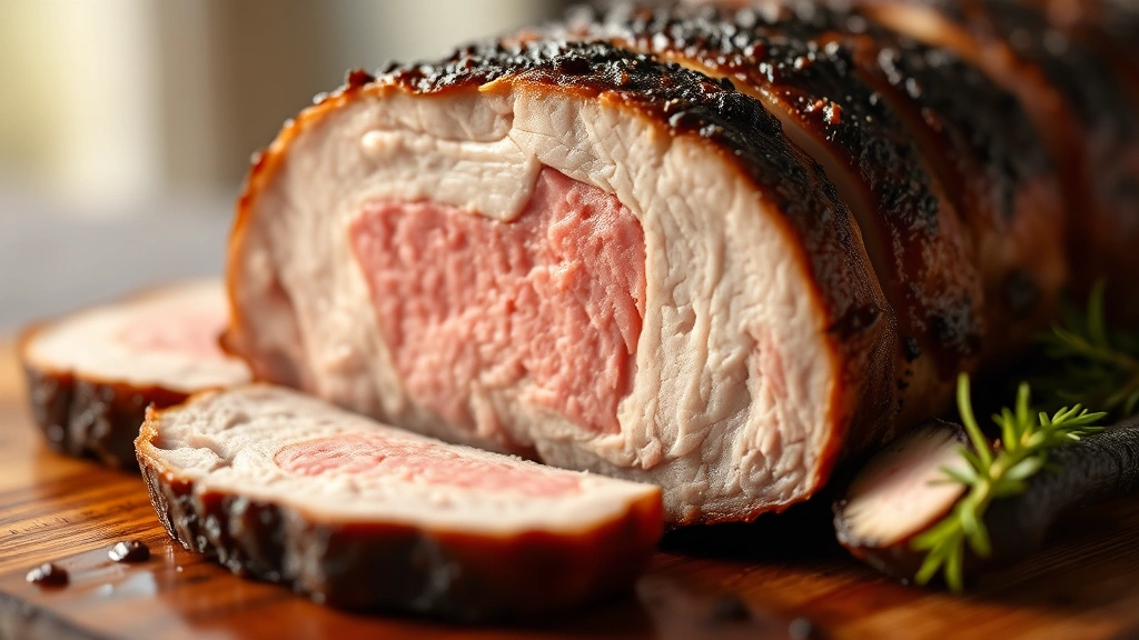 detail: close-up cross-section of sliced pork tenderloin showing perfect pink center and dark bark, soft focus background, warm daylight