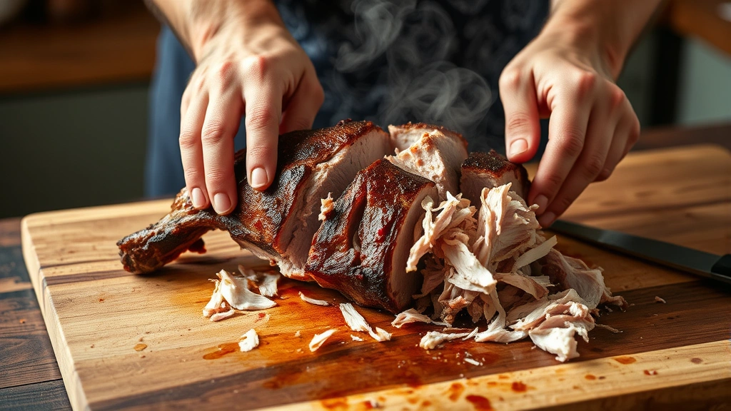 process: hands pulling apart steaming smoked pork shoulder on wooden cutting board, steam rising, meat visibly shredding apart, natural kitchen lighting, close and detailed view of the shredding action