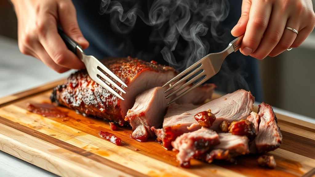 process: hands using meat forks to pull apart steaming smoked pork shoulder on wooden cutting board, wisps of smoke rising, tender meat falling apart, close enough to show texture and moisture, warm natural lighting highlighting the meat
