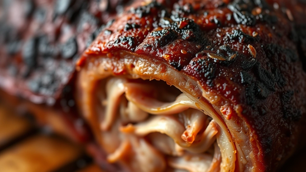 detail: extreme close-up of smoked pork bark with visible smoke ring, caramelized edges, tender interior meat visible where it's been pulled, shallow depth of field, warm diffused lighting emphasizing texture and color