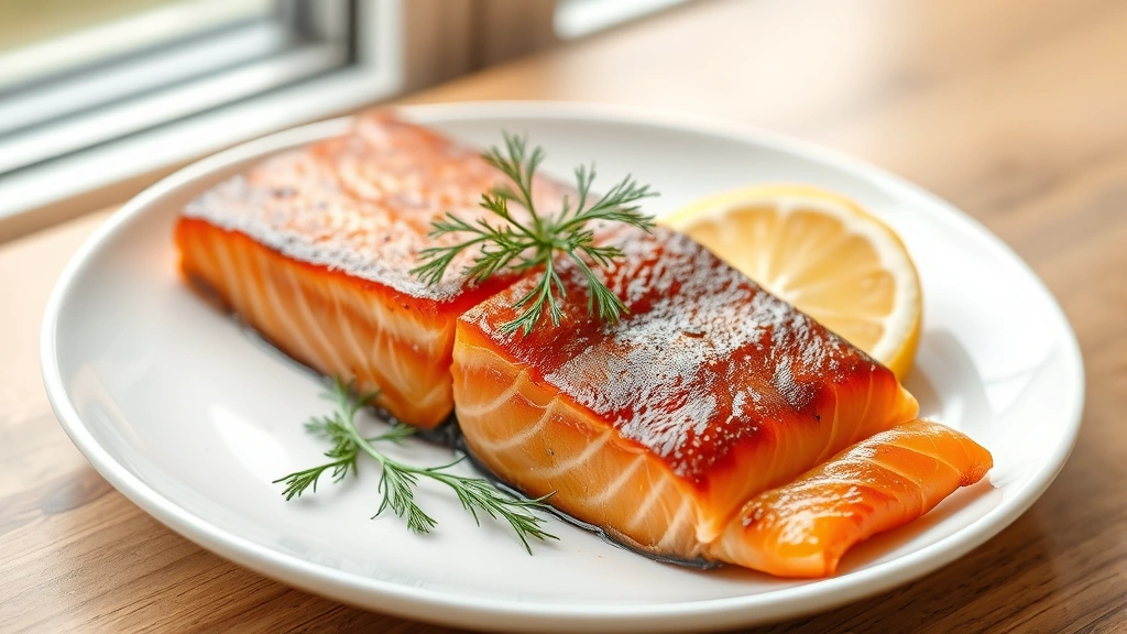 hero: perfectly smoked salmon fillet with glossy mahogany exterior, garnished with fresh dill and lemon slices on white plate, photorealistic, natural window light, no text